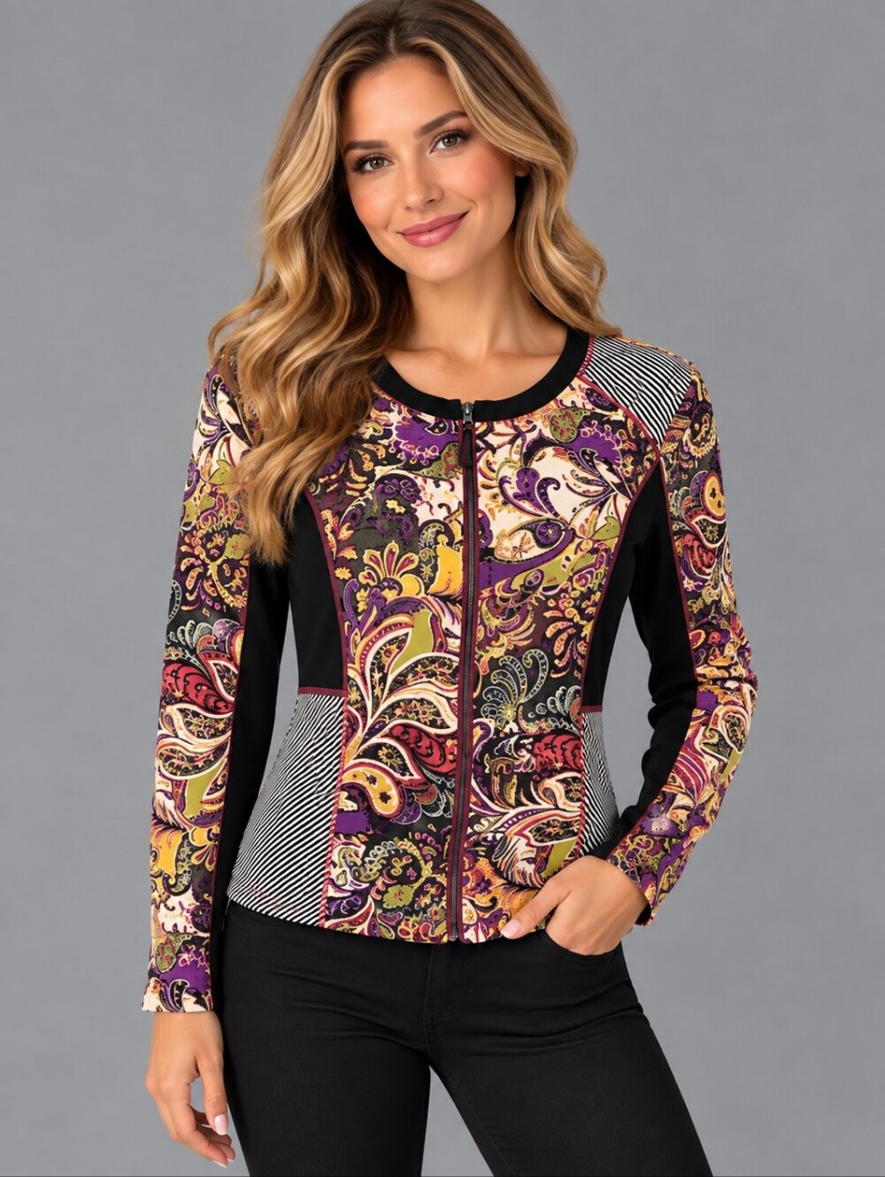KAKTUS Striped Floral Mixed Print Long Sleeve Zipper Goth Blouse